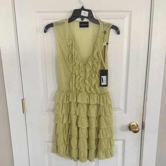 Atos Lombardini Lime Ruffle Tiered Mini Dress Metallic Italy 42 US 6-8 - Picture 2 of 5